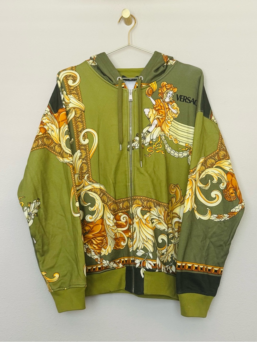 Versace Olive & Gold Baroque Zip Front Hoodie Jacket
